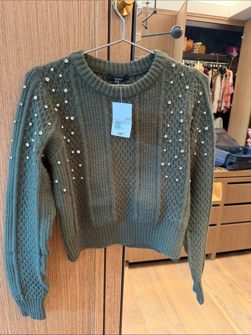 Forever 21 Olive Green Beaded Crewneck Sweater